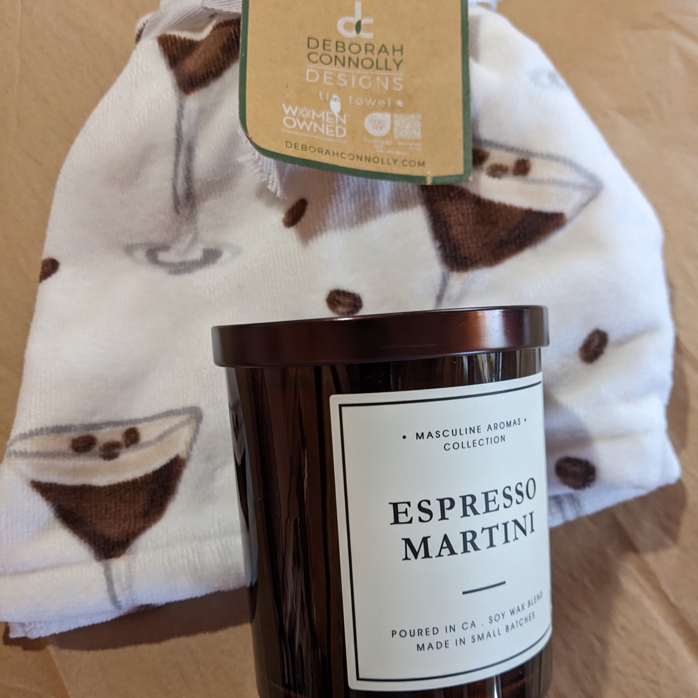 Espresso Martini Printed Set (2)  Kitchen Towel & 9 oz Espresso Martini Candle